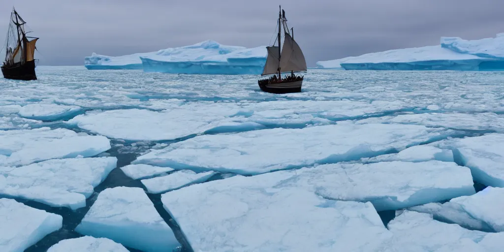 Prompt: 1840s sailship stuck in sea ice, wide angle shot, HD, frozen sea, ice seracs