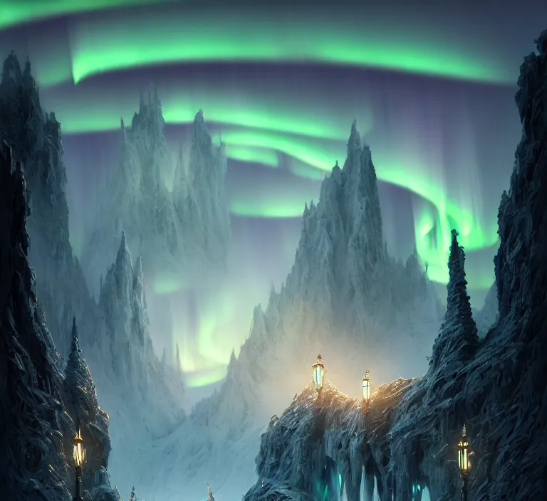 Image similar to a very detailed concept art of intricate and well designed white gates to misty mountains, infused with aurora borealis by greg rutkowski, dynamic lighting trending on artstation, symmetry, digital art, 4 k, hyper realistic, octane render, sharp focus