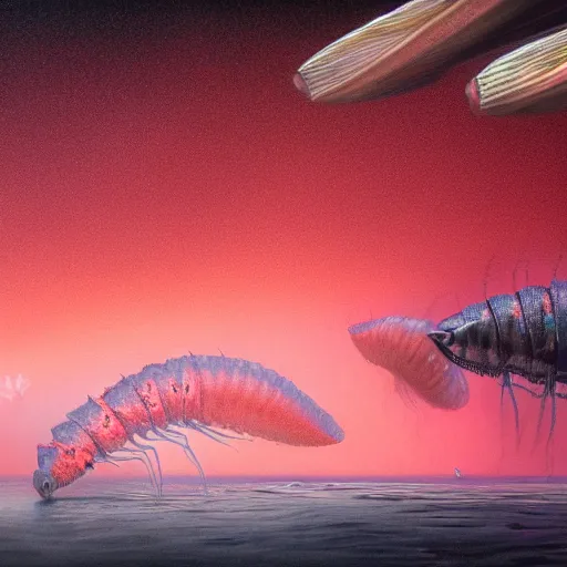 Prompt: A beautiful hyper realistic matte painting of darkfield microscopy krill Copepods Under Microscope by Justin Gerardof, John Howe, Albert Bierstadt, Alena, vivid color hues, Trending on artstation, opalescence, refraction, aesthetic plethora of ocean life precious Planktonia phytoplankton diatom protozoa