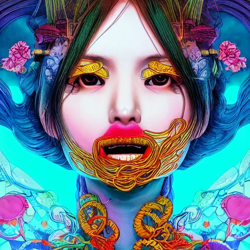 Prompt: the face of an unbelievably beautiful and pretty japanese girl partially made of onion rings of all colors looking down, an ultrafine detailed illustration by james jean, final fantasy, intricate linework, bright colors, behance contest winner, vanitas, angular, altermodern, unreal engine 5 highly rendered, global illumination, radiant light, detailed and intricate environment