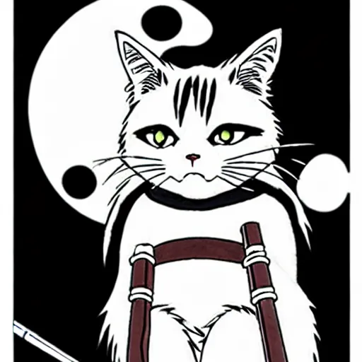 Image similar to anime key visual of hayao miyazaki studio ghibli, short - hair tabby cat wearing samurai armor, kurosawa black and white