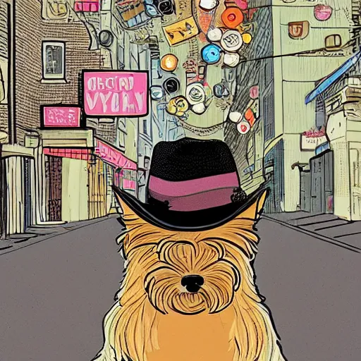 Prompt: a cute detective yorkshire terrier wearing a fedora in a dar alley, style of Geof Darrow