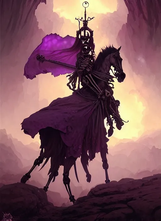 Image similar to skeleton necromancer raising a horse, purple palette, cave landscape, fantasy magic, dark light night, intricate, elegant, sharp focus, illustration, highly detailed, digital painting, concept art, matte, art by wlop and artgerm and greg rutkowski and alphonse mucha, masterpiece