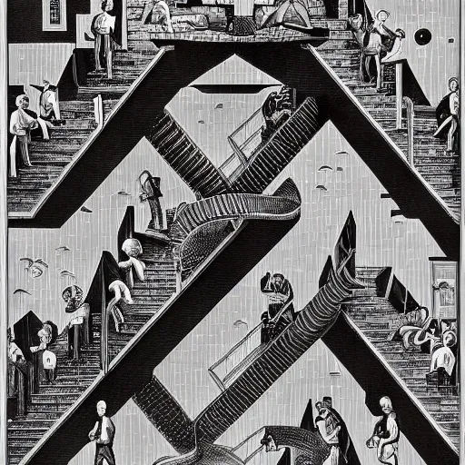 Prompt: a m. c. escher style drawing of influencer culture