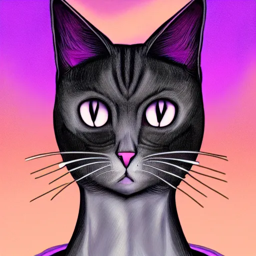 Prompt: ominous cat purring in the night, in the style of night vale, digital illustration, procreate, dark colors, purple, very stylized