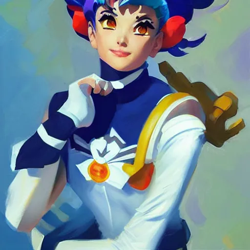 Image similar to greg manchess portrait painting of sailor moon as overwatch character, medium shot, asymmetrical, profile picture, organic painting, sunny day, matte painting, bold shapes, hard edges, street art, trending on artstation, by huang guangjian and gil elvgren and sachin teng