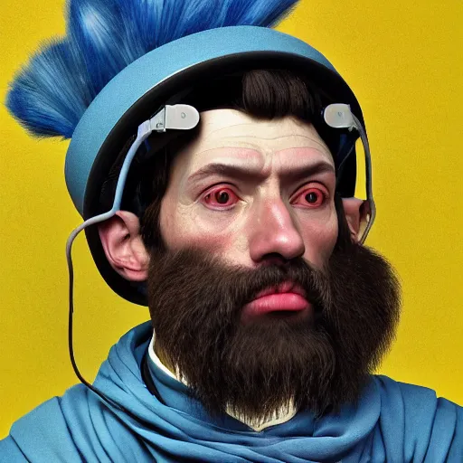 Prompt: Colour Caravaggio style full body portrait Photography of Highly detailed Man wearing Ukrainian folk costume designed by Taras Shevchenko with 1000 years perfect face wearing highly detailed retrofuturistic VR headset designed by Josan Gonzalez. Many details In style of Josan Gonzalez and Mike Winkelmann and andgreg rutkowski and alphonse muchaand and Caspar David Friedrich and Stephen Hickman and James Gurney and Hiromasa Ogura. Rendered in Blender and Octane Render volumetric natural light