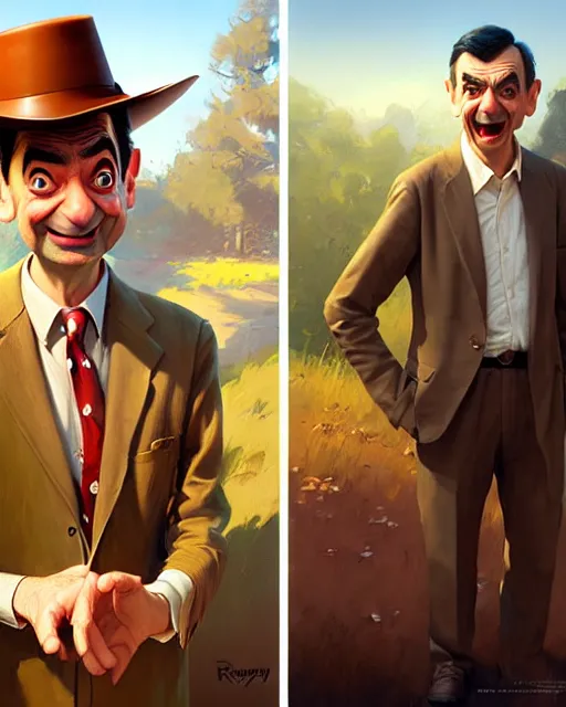 Image similar to mr bean dressed as woody from toy story, fine details, realistic shaded lighting poster by greg rutkowski, magali villeneuve, artgerm, jeremy lipkin and michael garmash and rob rey