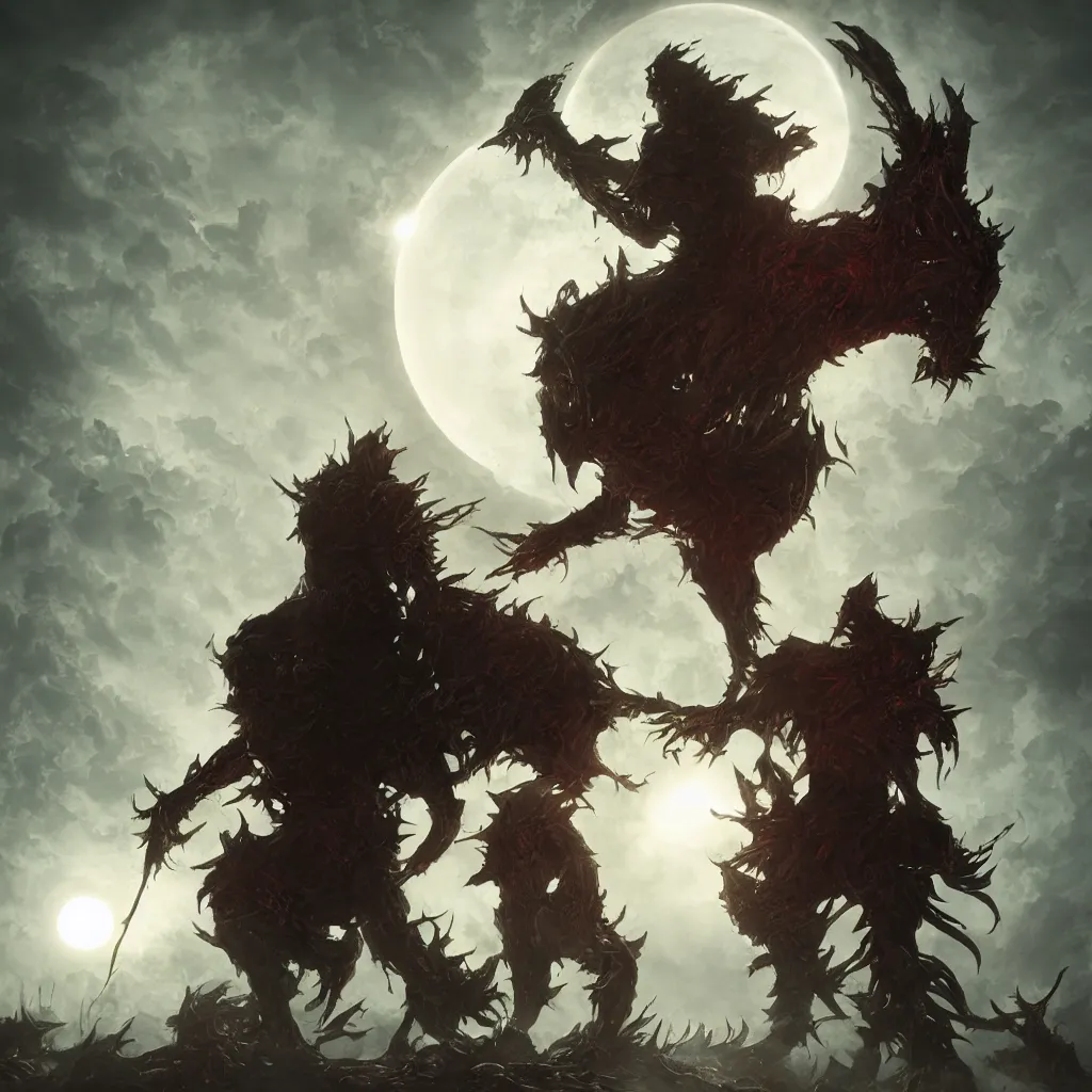 Image similar to berserk eclipse, blood, nightmare, rossdraws, norman rockwell, emiliano ponzi, epic composition, hd, octane, unreal engine, volumetric lighting, light rays, masterpiece, award - winning