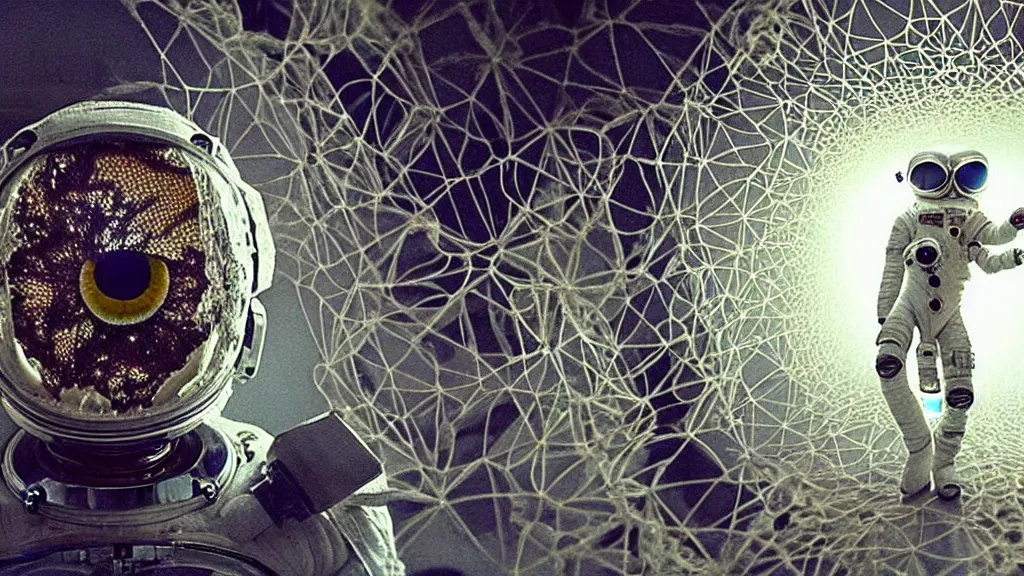 Image similar to a astronaut eva suit covered in diamond 3d fractal lace iridescent bubble 3d skin and covered with insectoid compound eye camera lenses floats through the living room, film still from the movie directed by Denis Villeneuve with art direction by Salvador Dalí, wide lens,