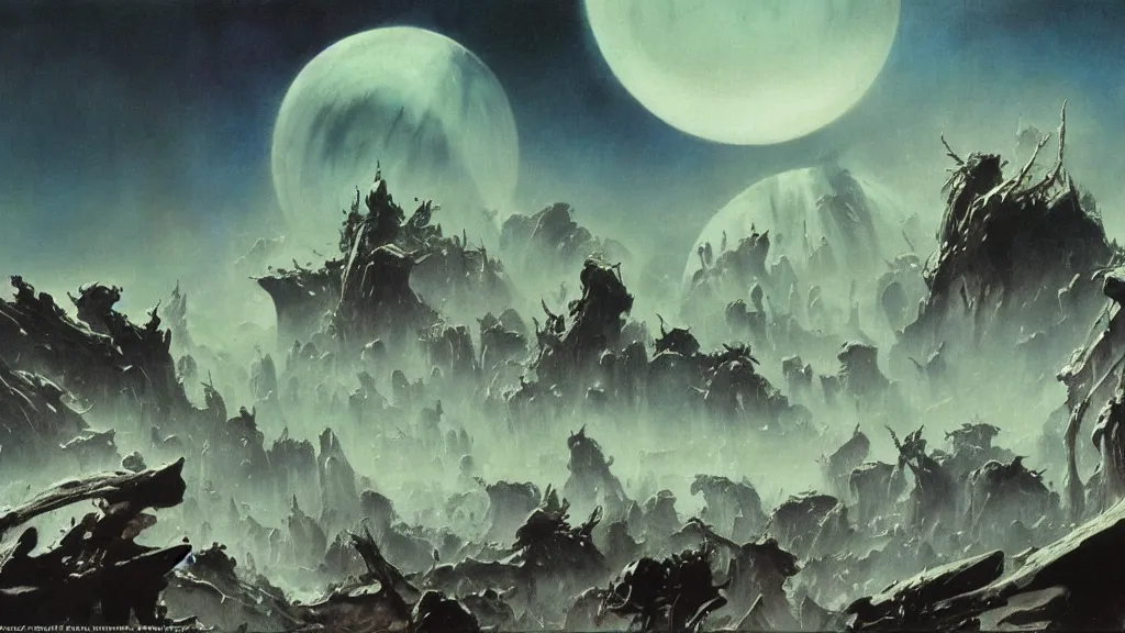 Image similar to surreal eerie alien planet empire by frank frazetta and bruce pennington, cinematic matte painting