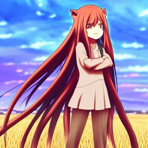 Image similar to anime illustration of Holo from Spice and Wolf standing in a wheat field at sunset, Holo is a wolf girl, high detail, trending on pixiv