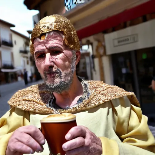 Prompt: a man wearing a roman costume drinking a coffee in alhaurin de la torre in spain