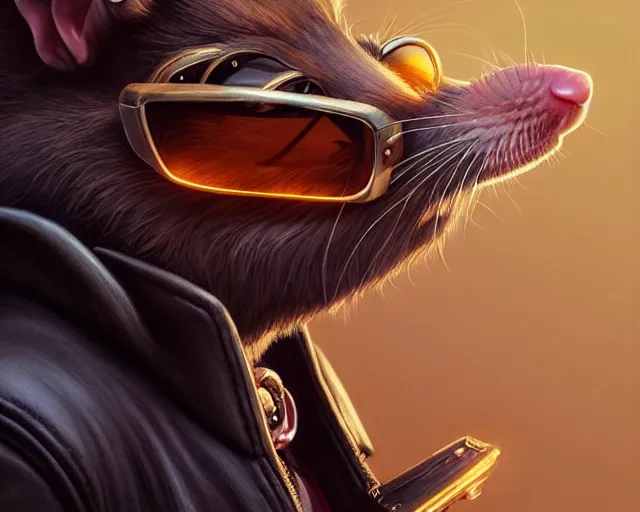 Prompt: a rat wearing sunglasses and a leather jacket, photography of kurzgesagt, deep focus, d & d, fantasy, intricate, elegant, highly detailed, digital painting, artstation, concept art, matte, sharp focus, illustration, hearthstone, art by artgerm and greg rutkowski and alphonse mucha