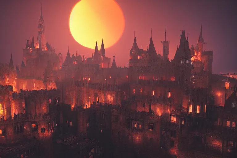 Prompt: medieval city with a huge castle in the center, red sun, top view, steampunk, mechanics, render, 8k, trending on artstation, volumetric light, lightrays, HDR, ambient occlusion, subsurface scattering, cinematic scene, steampunk style, fantasy