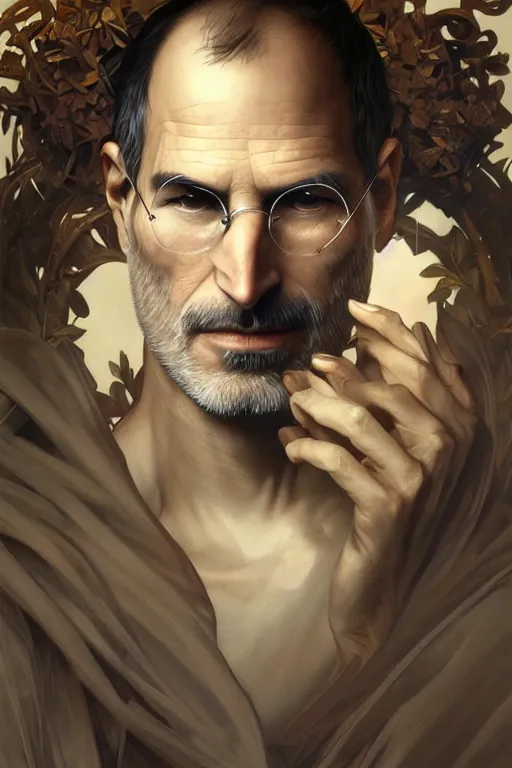 Image similar to portrait of king steve jobs, forest, godlike, upper body, fantasy, intricate, elegant, highly detailed, digital painting, artstation, concept art, sharp focus, illustration, art by artgerm and greg rutkowski and alphonse mucha