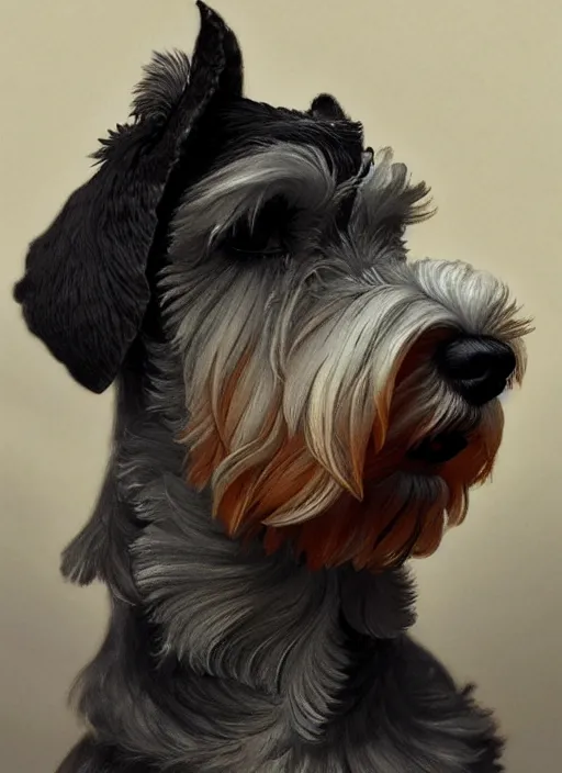 Image similar to portrait of stoic looking miniature schnauzer, black fir, white eyebrows, fantasy, intricate, elegant, highly detailed, centered, dark, smoke, digital painting, artstation, concept art, smooth, sharp focus, illustration, art by artgerm and greg rutkowski and alphonse mucha