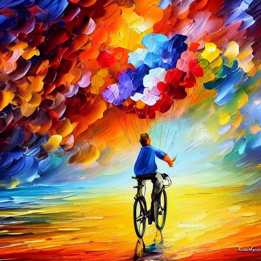 Image similar to A whimsical painting of a happy man flying in the sky on his bicycle in the clouds, expressive oil painting, digital art by Leonid Afremov