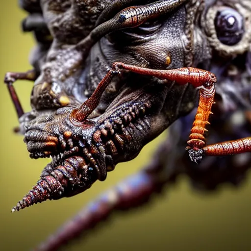 Image similar to photo taken of an epic intricate, ultra detailed, super realistic gritty, wet, slimy, lifelike sculpture of a nightmarish hellish humanoid faced insectoid creature created by weta workshop, menacing, some zoomed in shots, extremely photorealistic, sharp focus