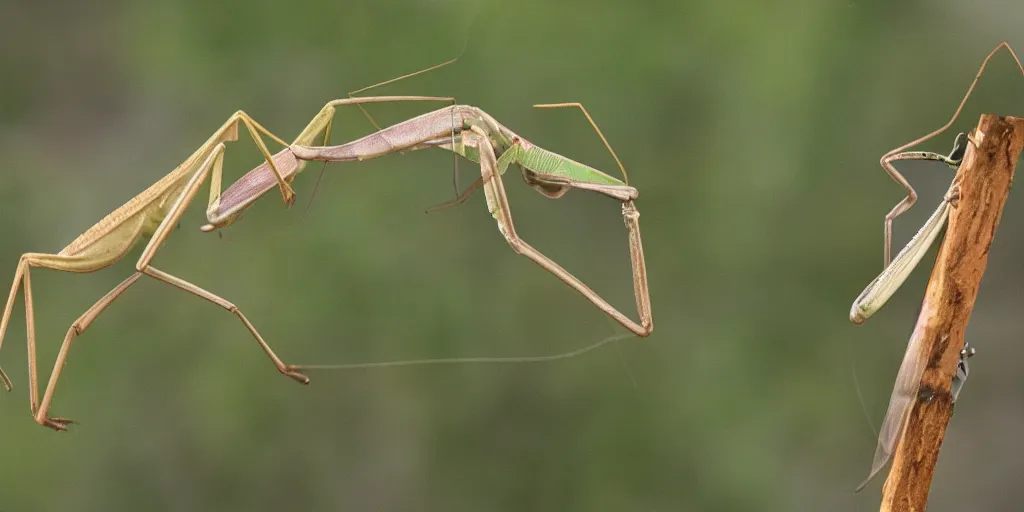 Prompt: praying mantis catches a flying cat midair, nature documentary