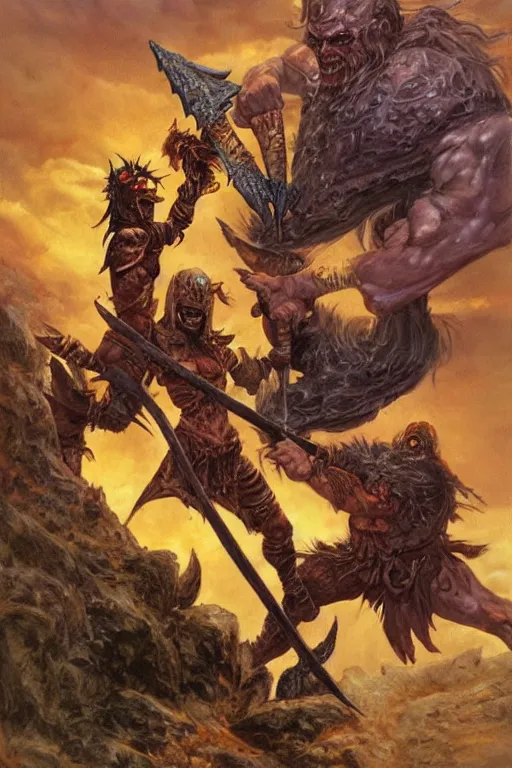Prompt: the undead barbarian warrior fights a god, concept art by boris vallejo and michael whelan