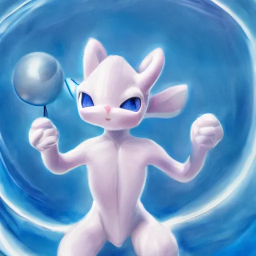 Image similar to cinematic portrait of cute Mew Mewtwo holding onto large blue bubble, oil on canvas, masterpiece, trending on artstation, featured on pixiv, cinematic composition, dramatic pose, beautiful lighting, sharp, details, hyper-detailed, HD, HDR, 4K, 8K