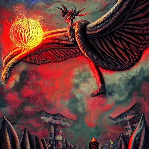 Image similar to A centered chest up portrait of a psychedelic godlike mothman with giant mandala wings smoking a hand-rolled cigarette smoking heavily , magic mushroom village in background , award winning. superb resolution. in the art style of junji Ito and greg rutkowski . Detailed Mushroom city in background. Hyper realistic anime. Perfect art. Dalle2