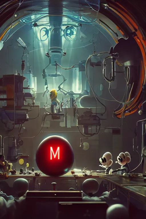 Image similar to bunch of mechanics operating bloody mickey mouse head in science facility, big glowing netflix logo behind, greg rutkowski, beeple, gilleard, alphonse mucha cgsociety, unreal engine, octane render, highly detailed 4 k art, smooth, sharp focus, cinematic lighting,