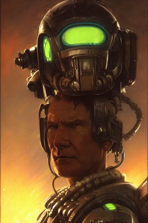 Image similar to character portrait cyberpunk starcraft terran warhammer 4 0 k space marine harrison ford, character design, painting by gaston bussiere, katsuya terada, frank frazetta, tom of finland, trending on artstation