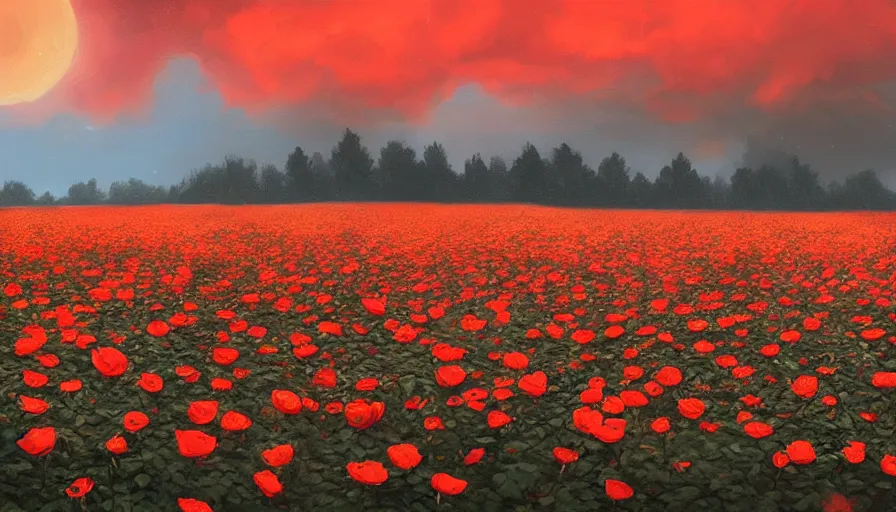 Image similar to field full of red roses, matte painting, art station, orange stormy sky, simon stalenhag