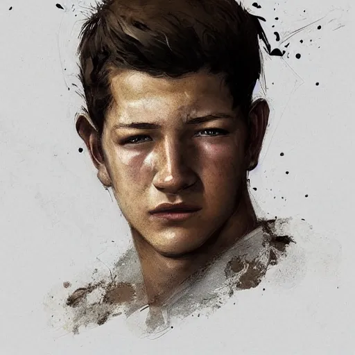 Prompt: portrait of a man by greg rutkowski, he looks like tye sheridan, he is about 2 0 years old, messy brown hair, tired eyes, he is wearing a black and white kevlar superhero suit, highly detailed portrait, digital painting, artstation, concept art, smooth, sharp foccus ilustration, artstation hq