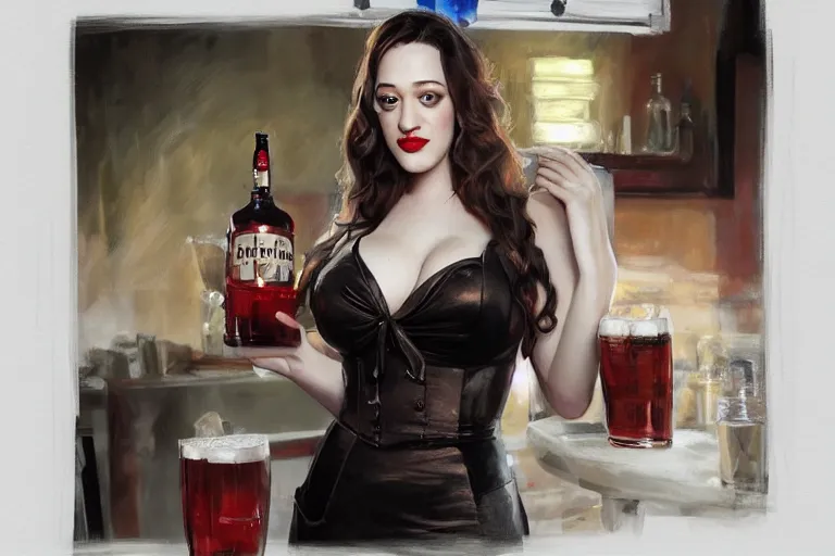 Image similar to A portrait of a Kat Dennings as a seductive bar maid serving drinks at a pub Ruan Jia and Mandy Jurgens and Artgerm and william-adolphe bouguerea, highly detailed, trending on artstation, award winning, H 768