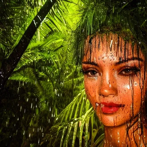 Image similar to dark tropical forest, life, sparkling spirits, detailed wide shot, photograph, ground detailed, wet eyes reflecting into eyes reflecting into infinity, beautiful lighting
