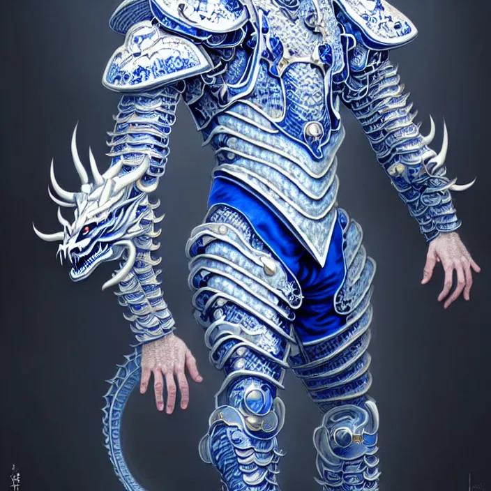 Prompt: man wearing porcelain cyborg armor, Chinese Kangxi Blue and white dragon pattern porcelain, diffuse lighting, fantasy, intricate, elegant, highly detailed, lifelike, photorealistic, digital painting, artstation, illustration, concept art, smooth, sharp focus, art by John Collier and Albert Aublet and Krenz Cushart and Artem Demura and Alphonse Mucha