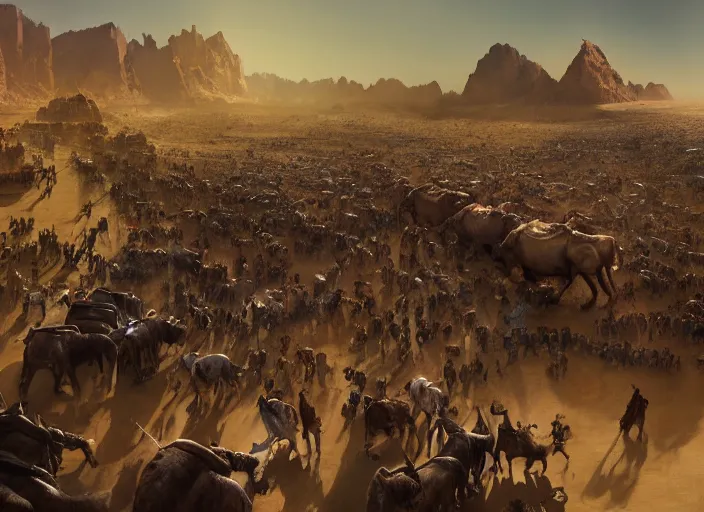 Image similar to overhead view of a the big large expedition with a very crowd of adventurers being brought by gigantic mammals carrying stuff towards the desert of duhnes medium shot, key art by craig mullins, bloom, dramatic lighting, cinematic, high details