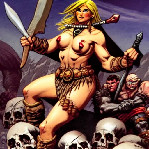 Image similar to female barbarian on a pile of skulls, surrounded by slain orcs, in style of frank frazetta