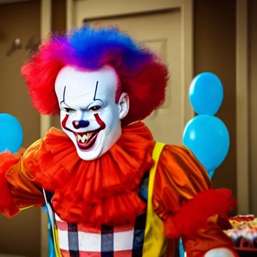 Image similar to pennywise the clown hosting a childrens party