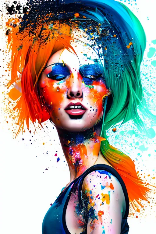 Image similar to a award winning half body portrait of a beautiful woman in a croptop and cargo pants with ombre orange blue teal hairstyle with head in motion and hair flying, paint splashes, splatter, outrun, vaporware, shaded flat illustration, digital art, trending on artstation, highly detailed, fine detail, intricate