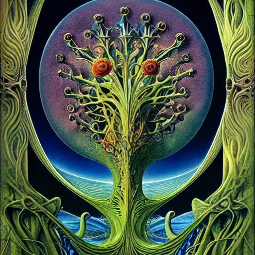 Image similar to divine chaos engine by roger dean and andrew ferez, tree of life, symbolist, visionary, art forms of nature by ernst haeckel, art nouveau botanical fractal structures, surreality, detailed, realistic,