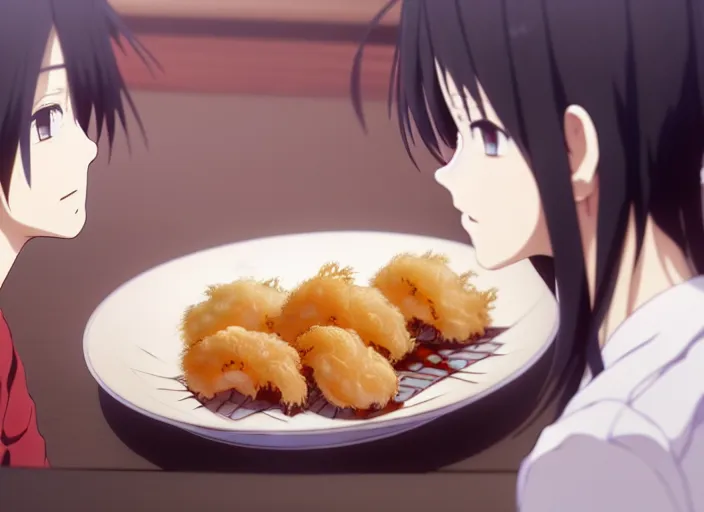 Prompt: a film still portrait of a plate with japanese food tempura, finely detailed features, closeup at the food, perfect art, at a dinner table, gapmoe yandere grimdark, trending on pixiv fanbox, painted by greg rutkowski makoto shinkai takashi takeuchi studio ghibli, akihiko yoshida