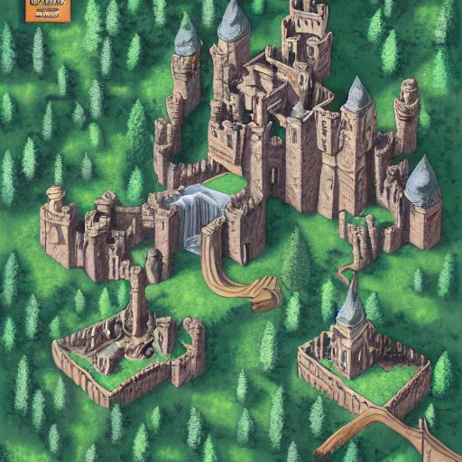 Prompt: An isometric overhead view of a narrow valley, winter time, dark pine trees, a tall castle guarding one end of the valley, fantasy style, D&D sourcebook, hyper detailed, high quality