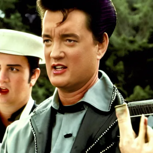 Image similar to Tom Hanks playing Elvis Presley, movie still