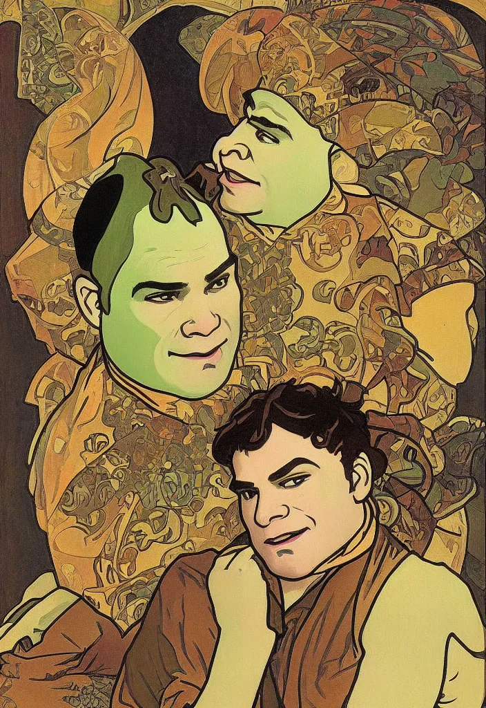 Image similar to yann lecun impersonated as shrek, in art style by alphonse mucha