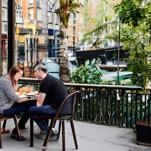 Prompt: high resolution photo of a couple dining at a restaurant, sitting in outdoor seating in the lower west side, with glasses of wine on the table, and multiple dishes of beautiful vegan food on the table