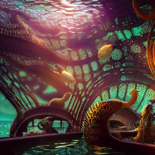 Image similar to mythical dreamy organic translucent bio-mechanical overpopulated underwater sci-fi steampunk city with seahorses, highly detailed, intricate crystal jelly steampunk ornate, poetic, 3D render, digital art, octane render, 8K artistic photography, photo-realistic, by Dora Maar