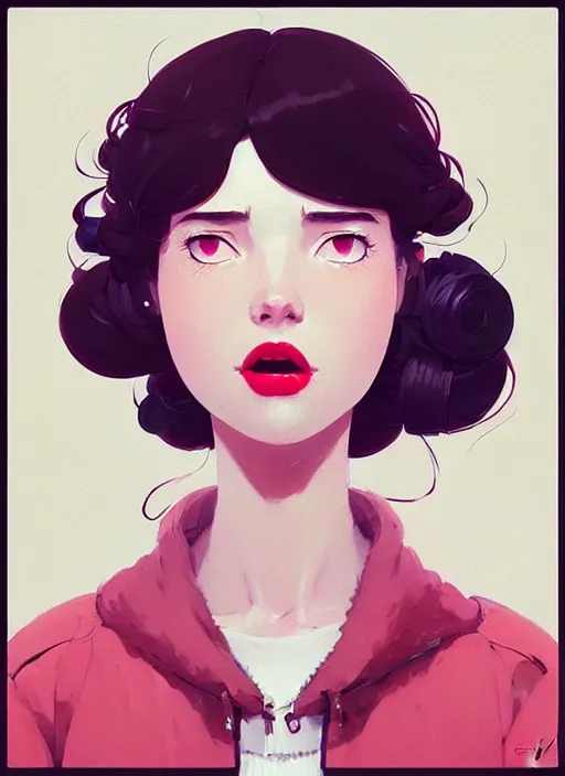 Image similar to highly detailed portrait of camber 2 with scarlet lips making a pogchamp face, poggers, photographic realistic background, ringlet hair by atey ghailan, by greg rutkowski, by greg tocchini, by james gilleard, by joe fenton, by kaethe butcher, gradient pink, black, cream and white color scheme, trending in instagram, award winning details
