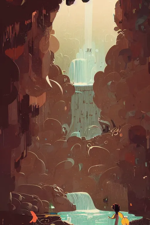 Prompt: a girl pushing a giant wooden door with archaic symbols embedded onto it, in a cave with the waterfall, digital art, illustrated by pascal campion and victo ngai