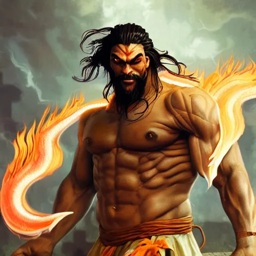 Prompt: jason momoa as dhalsim street fighter, breathing fire, ultra realistic, concept art, intricate details, highly detailed, photorealistic, octane render, 8 k, unreal engine, art by frank frazetta, simon bisley, brom