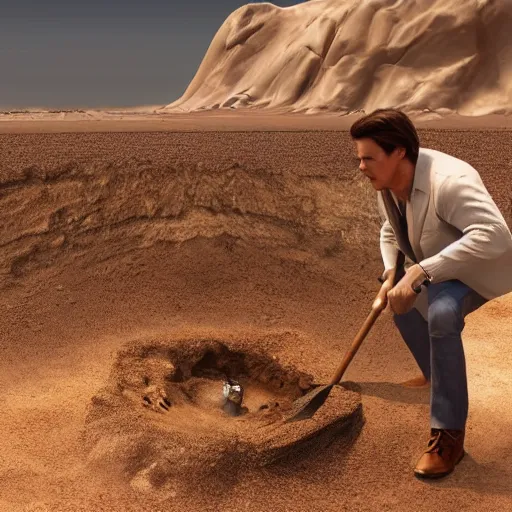 Image similar to tom cruise digging a giant hole with a shovel in a desert, photorealistic, unreal engine