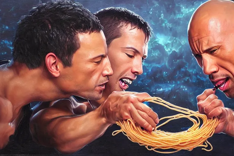 Image similar to portrait of vin diesel and dwayne the rock johnson sharing spaghetti noodle kiss, an oil painting by ross tran and thomas kincade